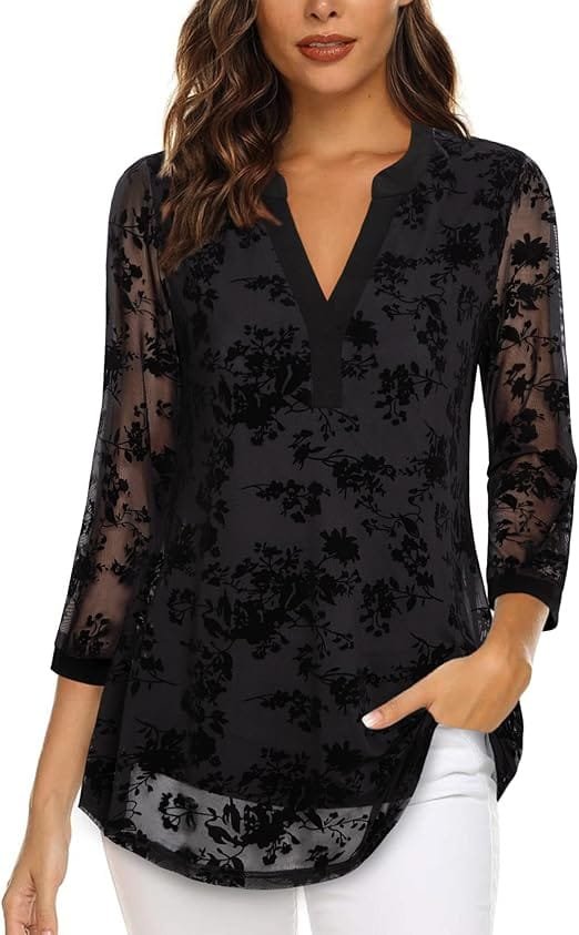 Vafoly Damen 3/4 Ärmel Oberteil Henley V-Ausschnitt Hemden doppellagig Mesh Bluse Tuniken